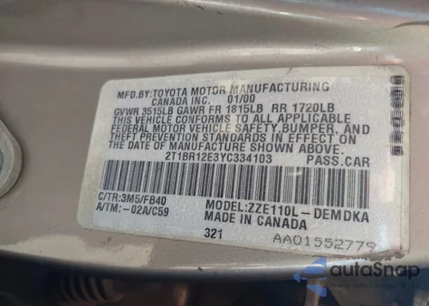 2000 Toyota Corolla Ve/Ce/Le from USA, damaged, VIN 2T1BR12E3YC334103